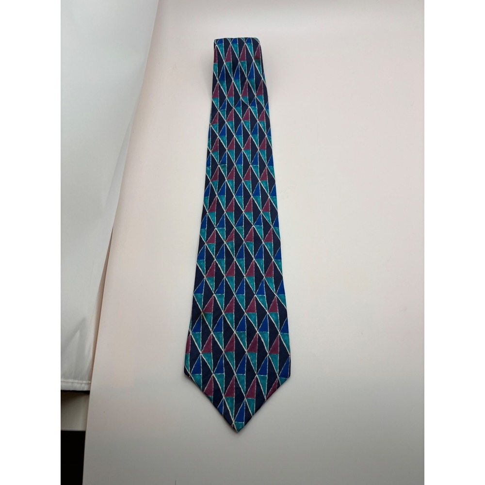 Erreuno Milano Italian Silk Tie Blue Teal Purple Geometric Diamond Pattern